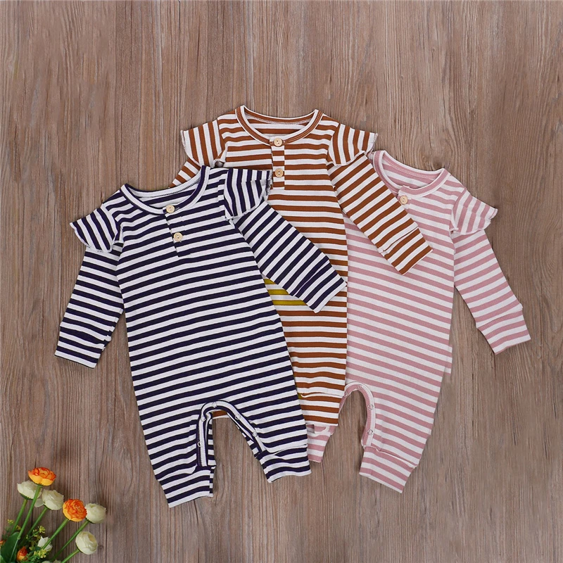3 colors Newborn Ribbed Stripe Romper Infant Long Sleeve Round Neck Ruffle Jumpsuit Casual Style Playsuit 2020 |