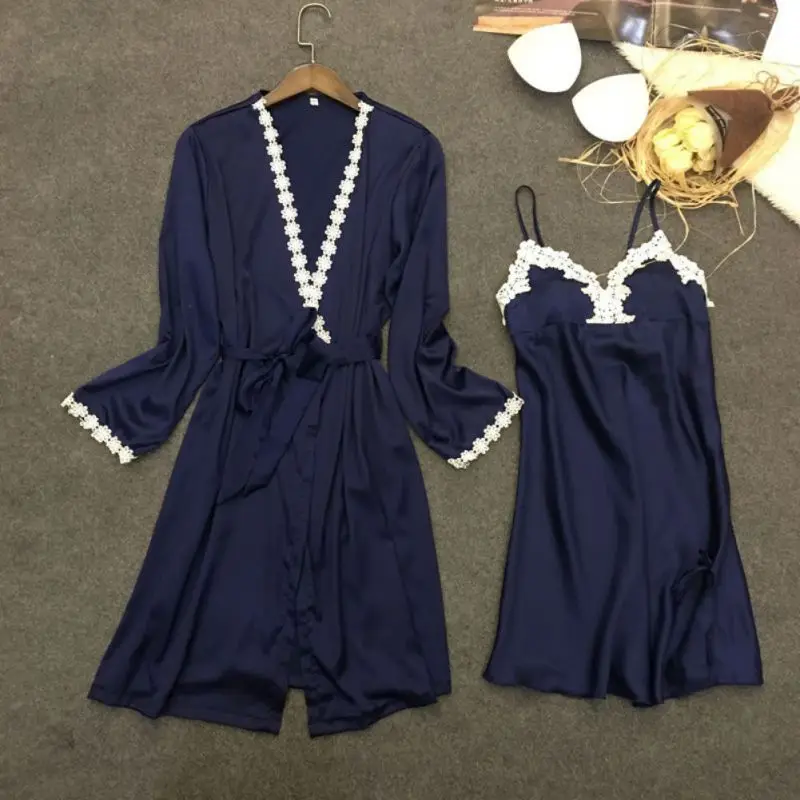 Women Adjustable Nightwear for Female Sleepwear Robe Women Fashion Lace Floral Satin Nightgowns V-Neck Full Sleeves Robes