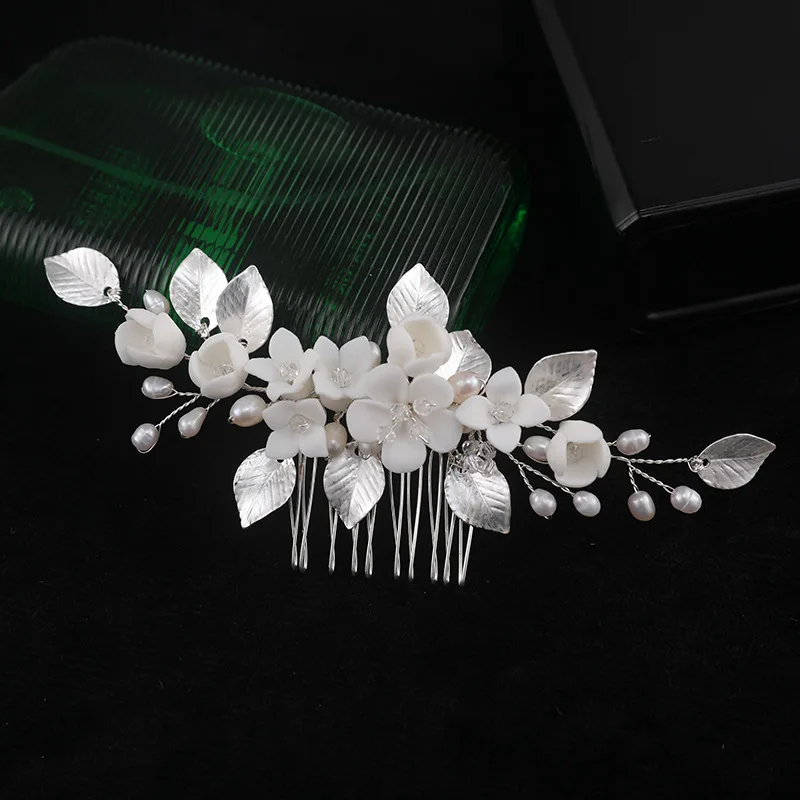 Floralbride Alloy Leaf Crystal Rhinestone Ceram Flower Freshwater Pearls Bridal Hair Comb Wedding Hair Accessories Women Jewelry