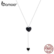 Bamoer, ожерелье с двойным сердцем для женщин, простая черная эмаль, y-образная цепочка, ожерелье s 925 Femme, Стерлинговое серебро, ювелирные изделия BSN095