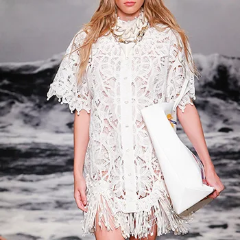 

New fashion brand autumn and winter show white heavy industry embroidery hollow lace dress shell fringe female