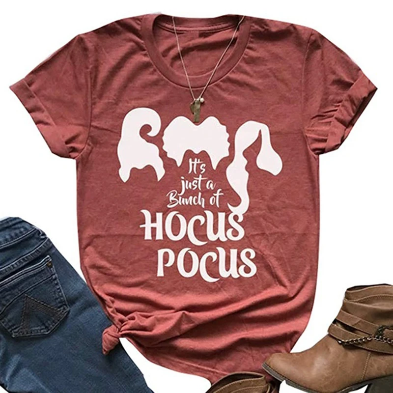 

It's Just A Bunch of Hocus Pocus T Shirt for Women Halloween Sanderson Sisters Graphic Tee Funny Tee Rust Red Letter T Shirts