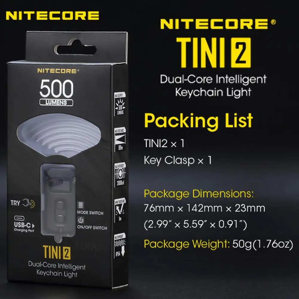 Nitecore TINI2 500 Lumens OLED Smart Dual core Key Light, APC Sleep Technology, Long Standby, Using USB Type C Charging