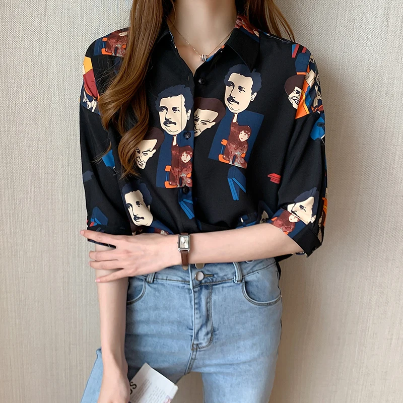 2020 Women Blouses Brand Excellent Quality Print Character White Shirt Women Cotton Casual Short Sleeve Summer Shirt Tops Lady