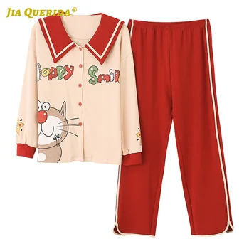

New Woman Long Sleeve Long Pants Sleepwear Fashion Style Casual Style Homesuit Homeclothes Turn Down Collar Cartoon Printing