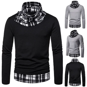

Men's Knitted Sweater Casual Patchwork Jacket Three-color Plaid Deep High Collar Pullover Men's Knitted Sweater 2020