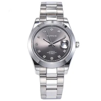 

Solid Parnis 39mm gray dial diamond marks polished stainless bezel deployment buckle sapphire automatic movement men's watch