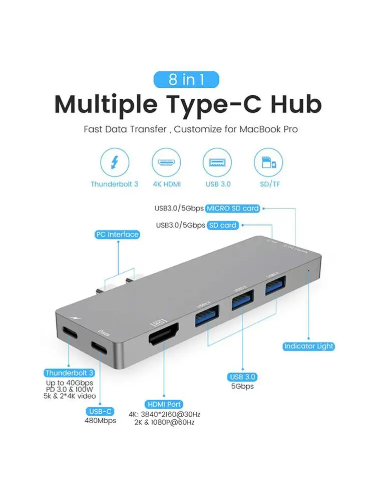 USB концентратор для Мульти USB 3,0 HDMI адаптер док-станция 8-в-1 для MacBook Air / MacBook Pro аксессуары