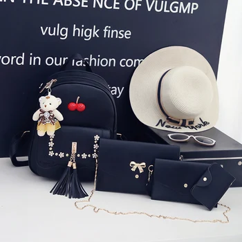 

4pcs/Set The New PU Leather 2020 Women's Backpack Tassel Backpacks Fashion Backpack Bow Bags Female Card package Decoration Bags