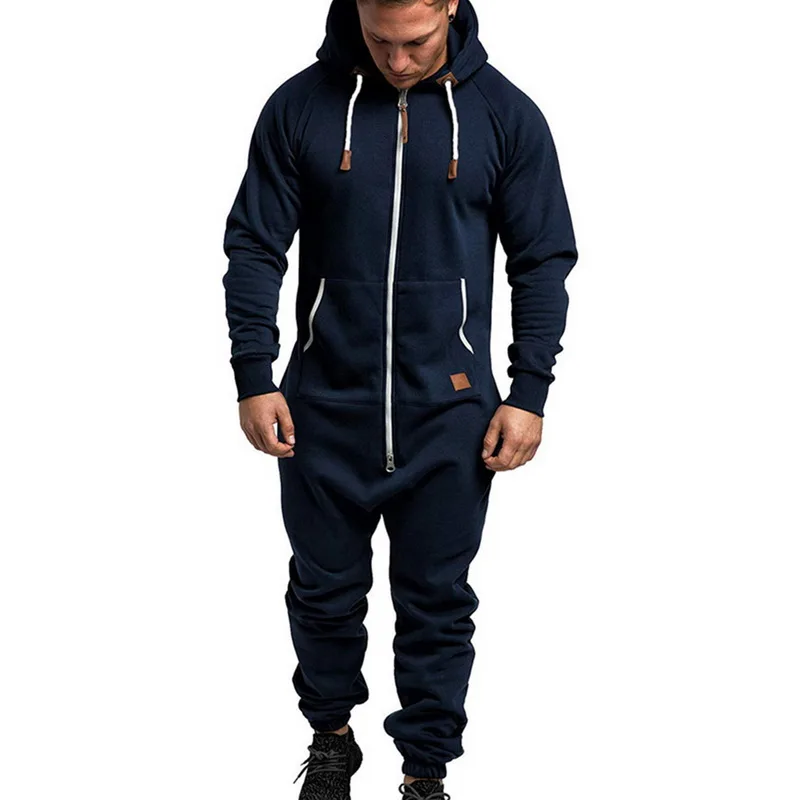 dark blue Модный однотонный мужской комбинезон, осенний зимний флисовый комбинезон, уличная Пижама, костюм с капюшоном на молнии для мужчин - Цвет: dark blue