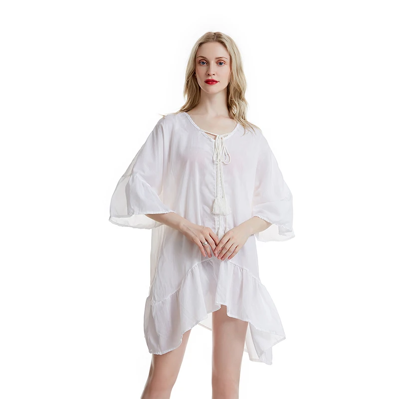 white Ladies Summer Sexy Short Dress Loose Casual Chiffon Women Dress Summer Beach Sunscreen Dress Trumpet Sleeve Clothing - Цвет: white
