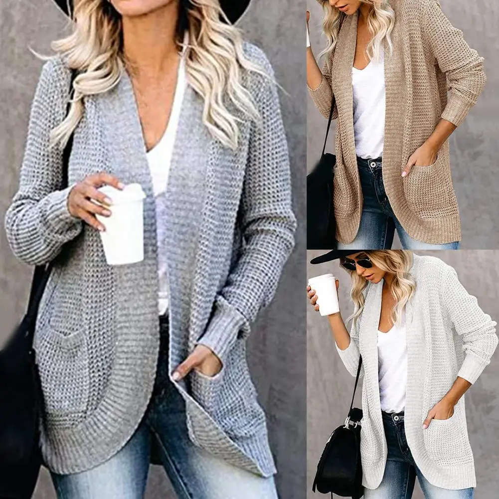 Women's Knitted Long Sleeve Cardigan Autumn Winter Open Front Drape Pockets Cardigan  Sweater Outerwear Loose Korean cardigans - AliExpress