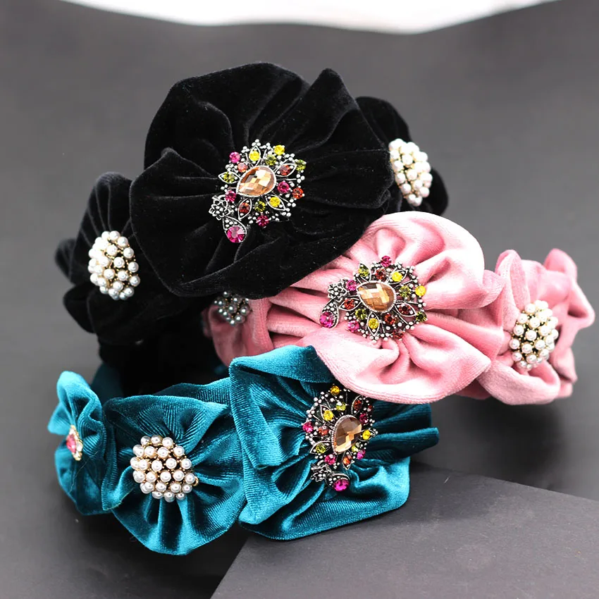 Геометрический бархат многоцветный жемчуг головная повязка бархат ручной работы цветок цвет горный хрусталь жемчуг Геометрическая УКРУПНЕННАЯ повязка на голову 753