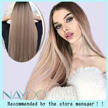 

Long silky Straight Synthetic Hair Ombre Wig Mixed Ash Blonde and Brown Fake hair For White /Black Women Middle Part Nature Wigs