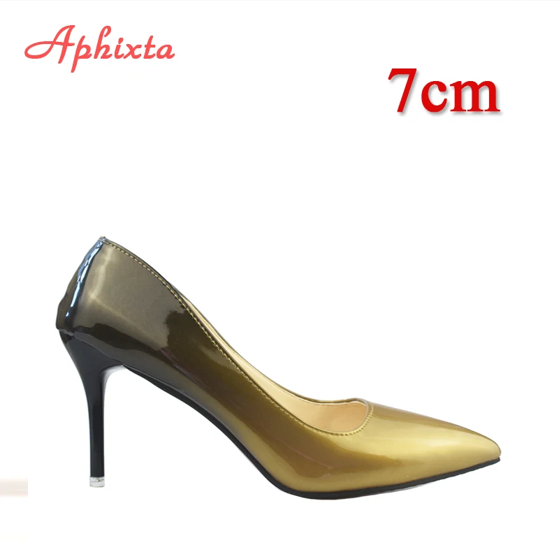 Gold-7cm Aphixta/женские туфли с острым носком на тонком каблуке 10 см; Свадебные вечерние туфли из лакированной кожи с острым носком; женская обувь; большой размер 48 - Цвет: Gold-7cm