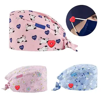

Women Dog Floral Adjustable Breathable Dustproof Button Bouffant Hat Scrub Cap mujer nurse uniform Accessories