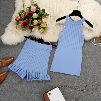 

Women Summer Knit Vest Shorts Suits Sleeveless Buttons Tops Short Pants Clothing Sets