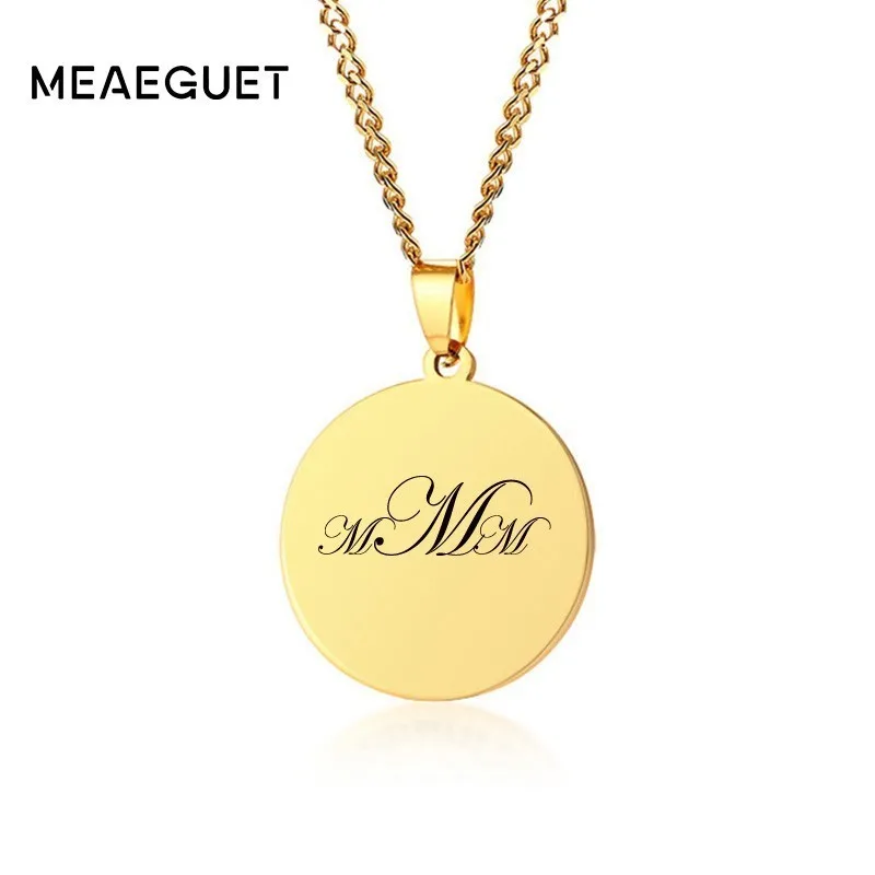 Men Women Round Coin Tag Pendant Necklace Stainless Steel ID Name Free Engraving 