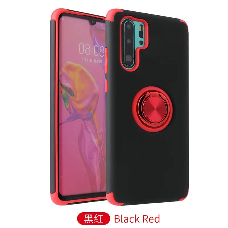 Black Red Силиконовый чехол с металлическим кольцом для huawei P30 Pro P30 Lite, защитный чехол с четырьмя углами - Цвет: Black Red