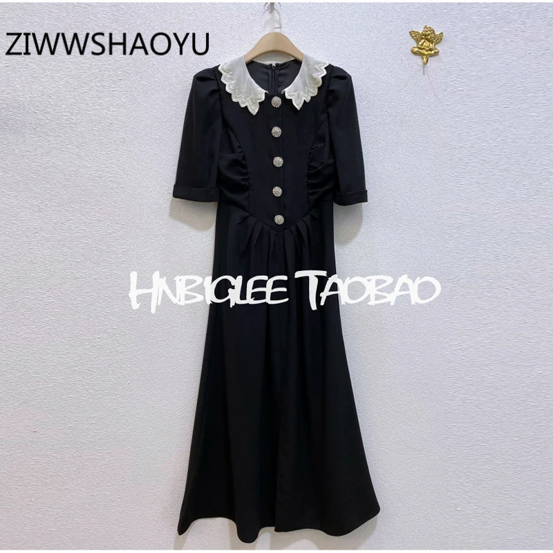 

ZIWWSHAOYU Fashion Female Summer Silk Collar Button Office Dresses Short Sleeve High Waist Split Ladies Black Long Dress