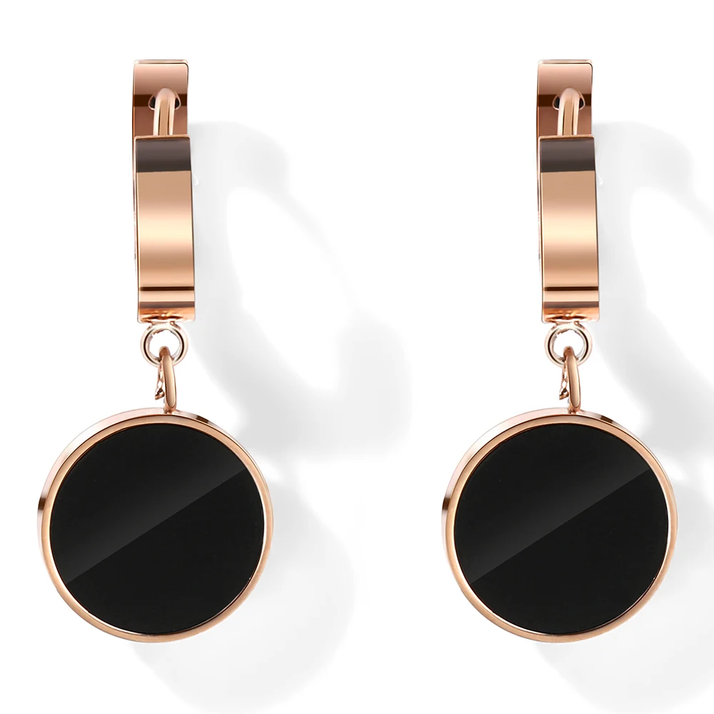 WYBU Titanium Steel Black Round Pendant Drop Earring For Women Rose Gold Plated Hoop Dangle Earring Earing Jewellery For Ear