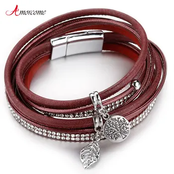 

Amorcome Leather Bracelets For Women Tree of Life Charm Bracelets & Bangles Boho Multilayer Double Wrap Bracelet Female Jewelry