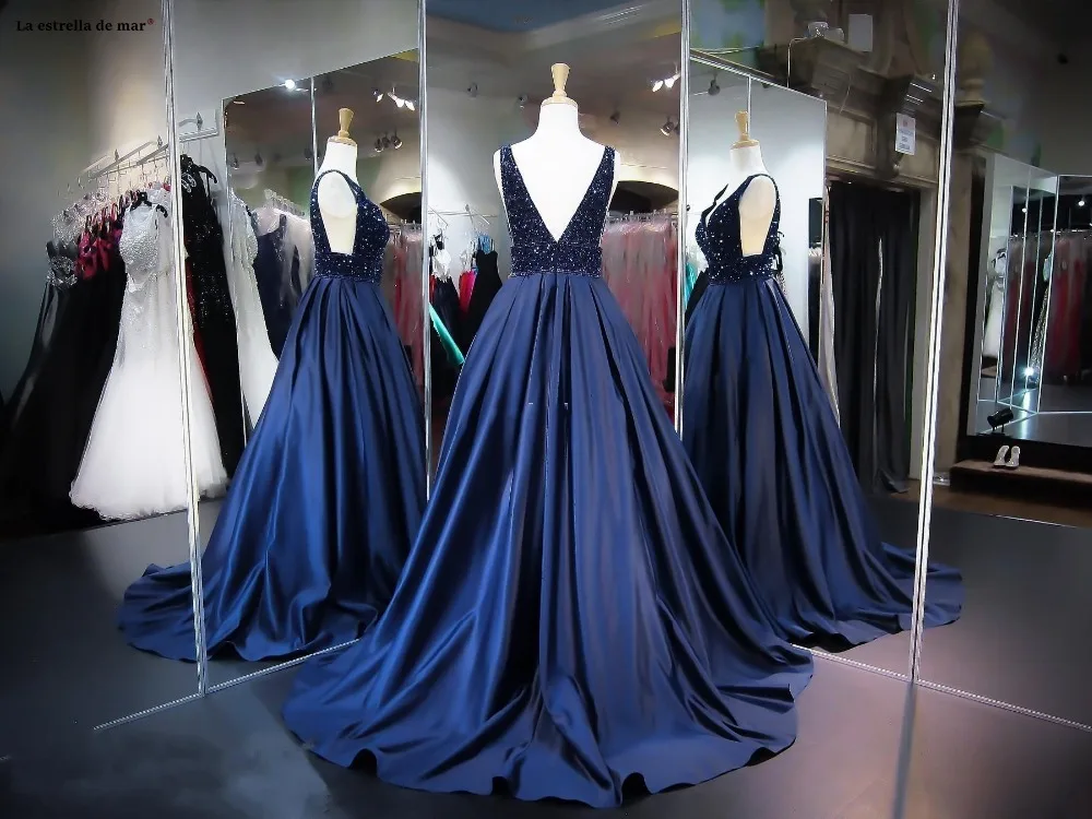 Robe de bal femme longue new sexy V-neck crystal back A line navy blue prom dress real photo dubai evening dress Gown custom