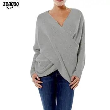

Fashion Women's Polluver Sweaters V-Neck Drop-Shoulder Sleeve Cross Wrap Sweater