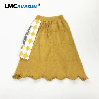 

LMCAVASUN Appliques Knitted Skirt Elegant Womens High Waist A Line Solid Skirt Female 2020 Spring Sweet Yellow Ladies Skirts