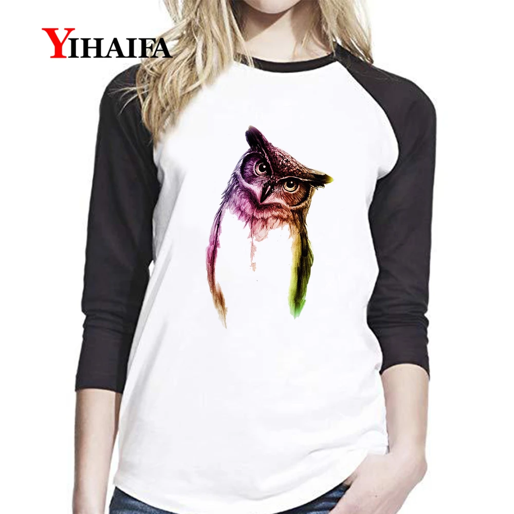 

Hipster Women T Shirts Gradient Owl 3D Printed Long Sleeve Tops Harajuku Girls White Tee Shirt Animal Graphics Casual T-Shirt