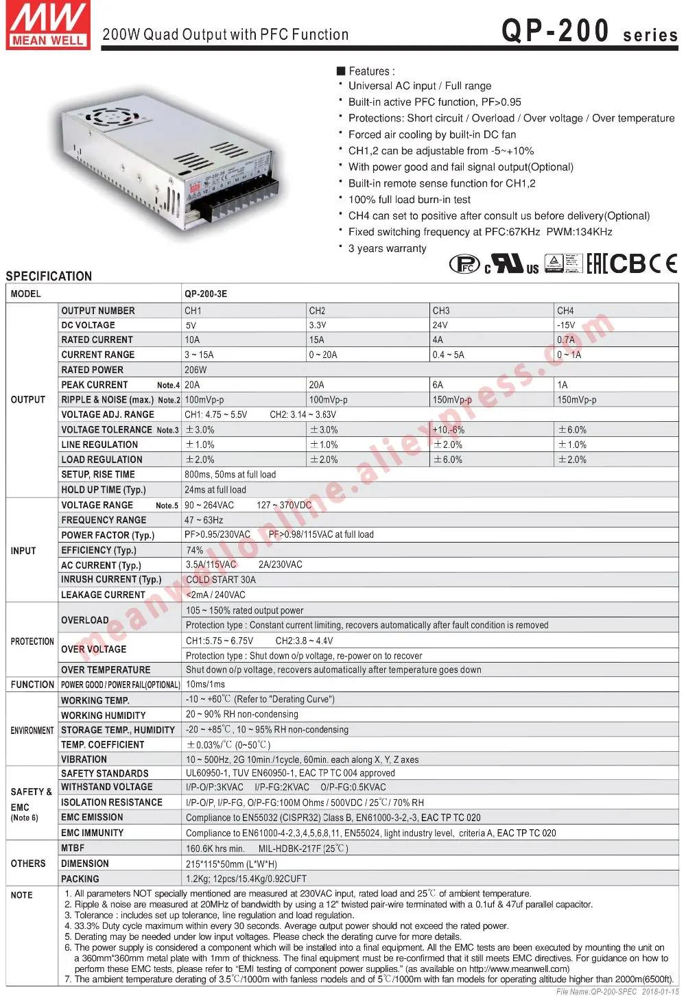 Mean Well QP-200F meanwell 5V/15V/24V/-15V DC 202.5W Quad Output with PFC Function Power Supply online store