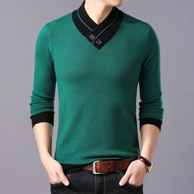 MIACAWOR, мужской свитер, Осень-зима, теплый шерстяной пуловер для мужчин, кашемировые шерстяные трикотажные свитера на пуговицах Y199 - Цвет: Зеленый