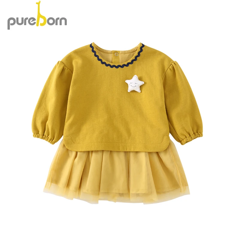 Pureborn/платье для новорожденных девочек; хлопковое шифоновое платье для малышей; платье принцессы с длинными рукавами на День рождения; одежда для малышей; сезон весна-осень - Цвет: Yellow