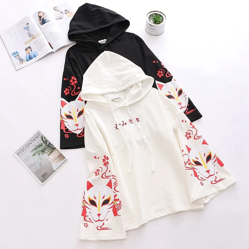  Harajuku Cartoon Fox Hoodies Japan Style Women Pullover Hooded Sweatshirts