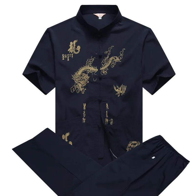 

Chinese Traditional Clothing Set Men Cotton Dragon T Shirts Wide Leg Trousers Breathable Kung Fu Tang Suit Wushu Cosplay Costume
