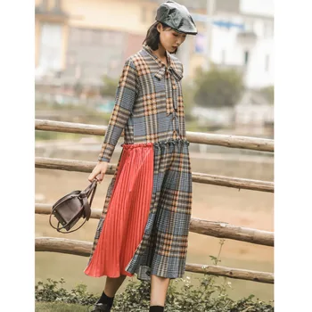

Korea can ship women's clothese 2020 spring fashion new Longuette French Lattice patchwork hem vintage long sleeve Dress YJ024
