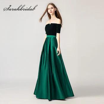 

Reflective Dress Long Satin Prom Dresses with Top Velvet Real Pictures Sexy Off the Shoulder Cheap Evening Party Gowns L3117