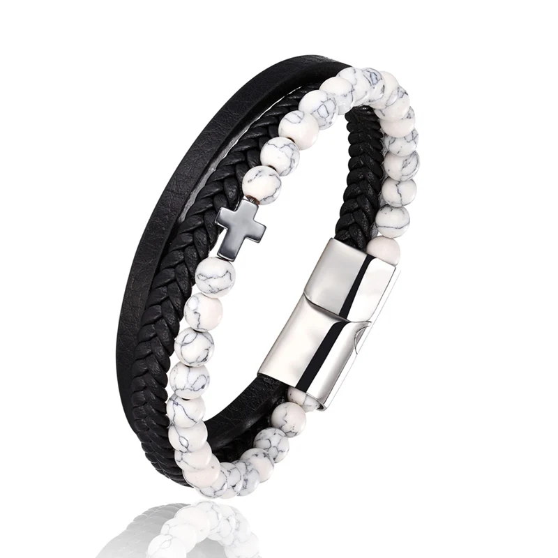 New Arrival Stainless Steel Genuine Leather Bracelet For Men's Charm 6MMNatural Stone Beaded Cross Bracelets Fashion Jewelry - Окраска металла: See figure