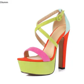 

Olomm Handmade Women Sandals Square High Heels Sandals Open Toe Gorgeous Black Nude Multi Color Shoes Women Shoes US Size 3-9