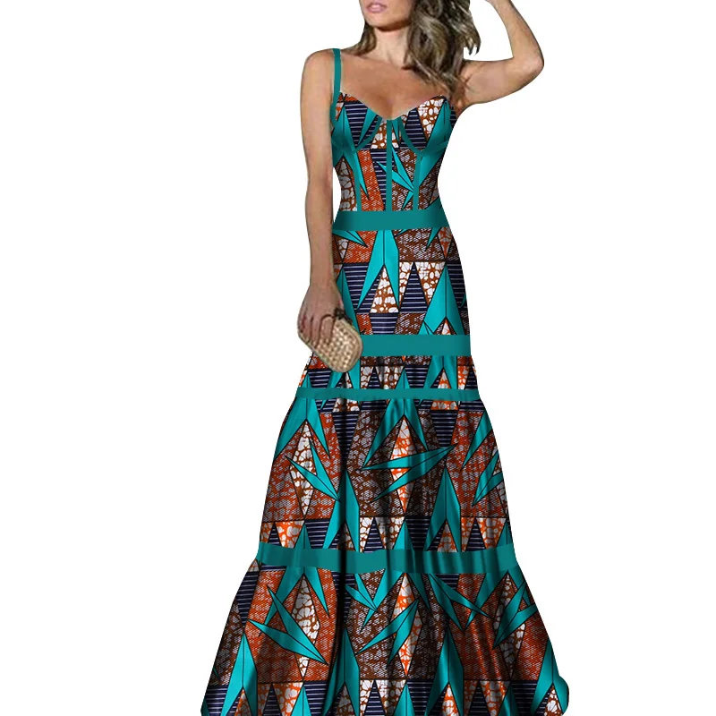 

Stock Size Low Price African Print Dresses for Women Sexy Applique Strap Long Dresses WY3440