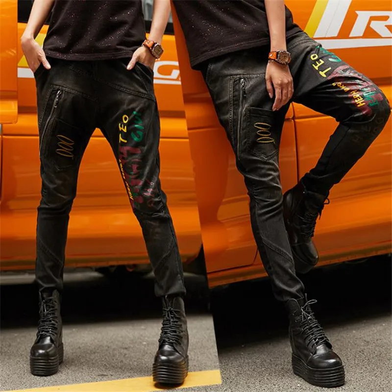 

2019 autumn hip hop graffiti style new casual jeans female loose large size was thin Pencil pants zipper stitching pants