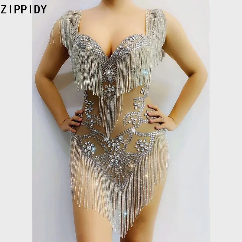 Sparkly Silver Rhinestone Fringe Transparent Bodysuit Women Dancer Show Celebrate Outfit Prom Bar Birthday Outfit