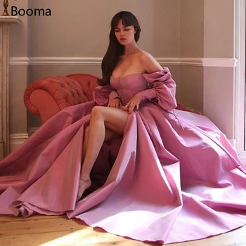 

Booma Elegant Pink Prom Dresses Bishop Sleeves High Slit Taffeta Evening Dresses Sweetheart A-line Long Party Gowns with Buttons