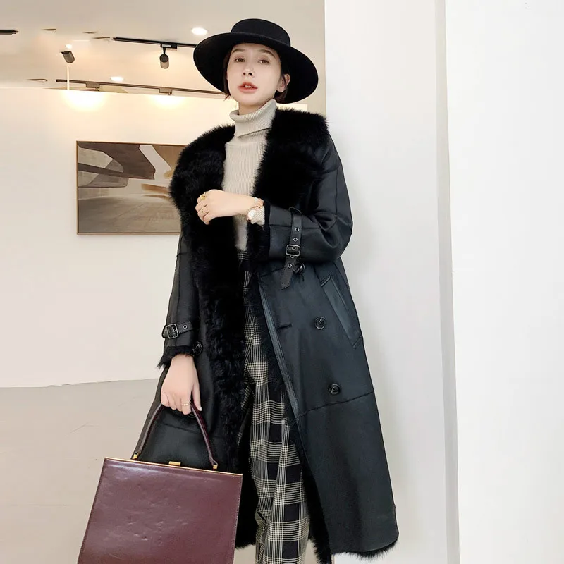 Black Зимнее женское пальто из натурального меха, куртка из короткой овечьей шерсти, женское длинное пальто из натуральной кожи, ветровка A19CP19087 KJ3399 - Color: Black