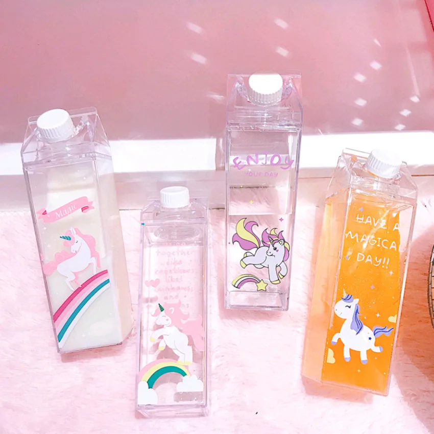 

Originality Unicorn Water Bottle Reusable Milk Storage Bottle Fruit Juice Fresh Keeping Cup Kids Transparent Plastic Bottle 1pc