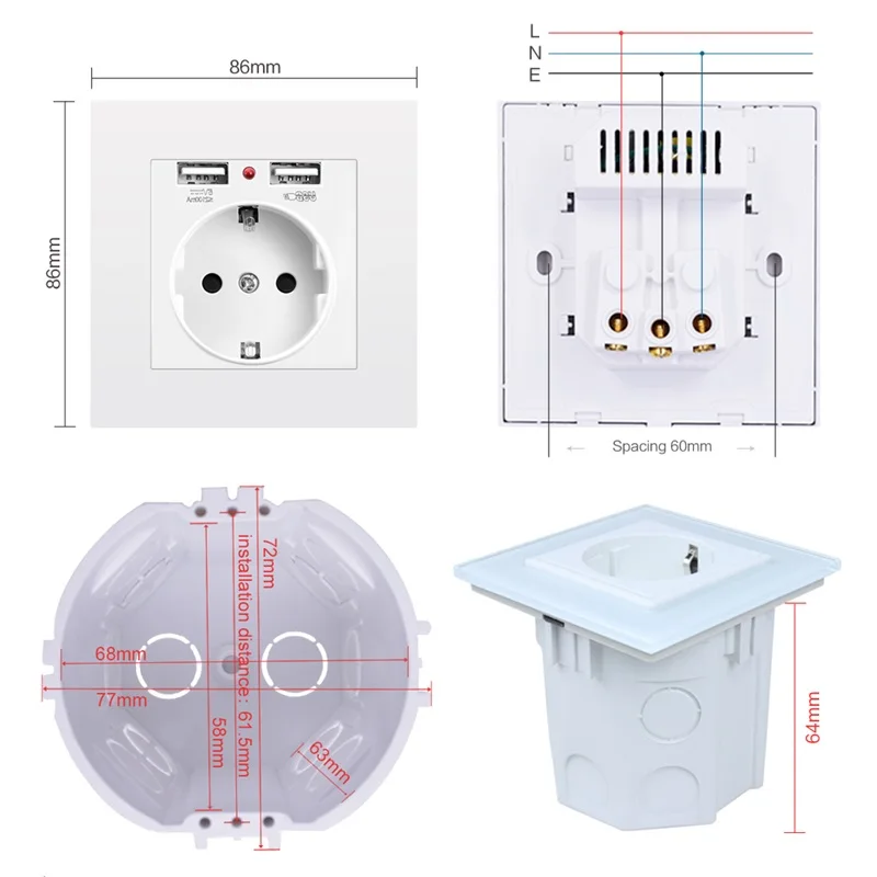 Немецкий стиль, настенная электронная розетка, стандарт ЕС, розетка с двумя домашними usb-разъемами, зарядное устройство, розетка с Usb 86 мм* 86 мм