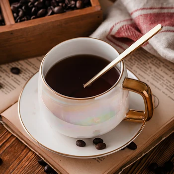 

Aurora Glaze Ceramic Mug Set Europe Style 8.5oz Breakfast Coffee Mug with Spoon Saucer Household Afternoon Tea Dessert Plate