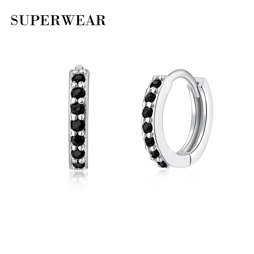 

SUPERWEAR Small Hoop Earrings with Stone 925 Sterling Silver Black Onyx Women Men Huggie Earring Piercing Ear Cuff K-pop Jewelry