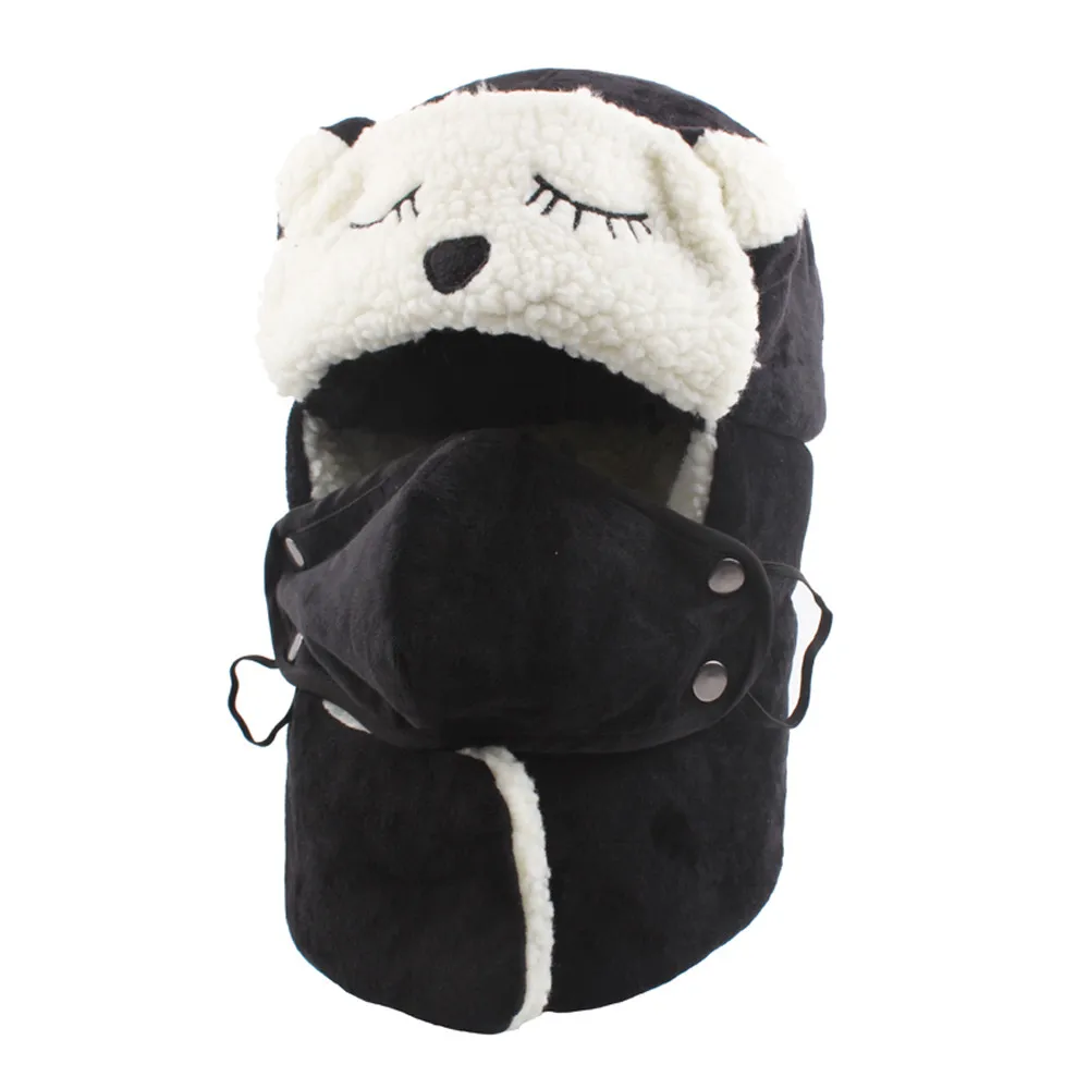 

Plus Velvet Thick Women Bomber Hat Earmuffs Windproof Mask Scarf Warm Snow Caps cute Bear decoration sombrero mujer