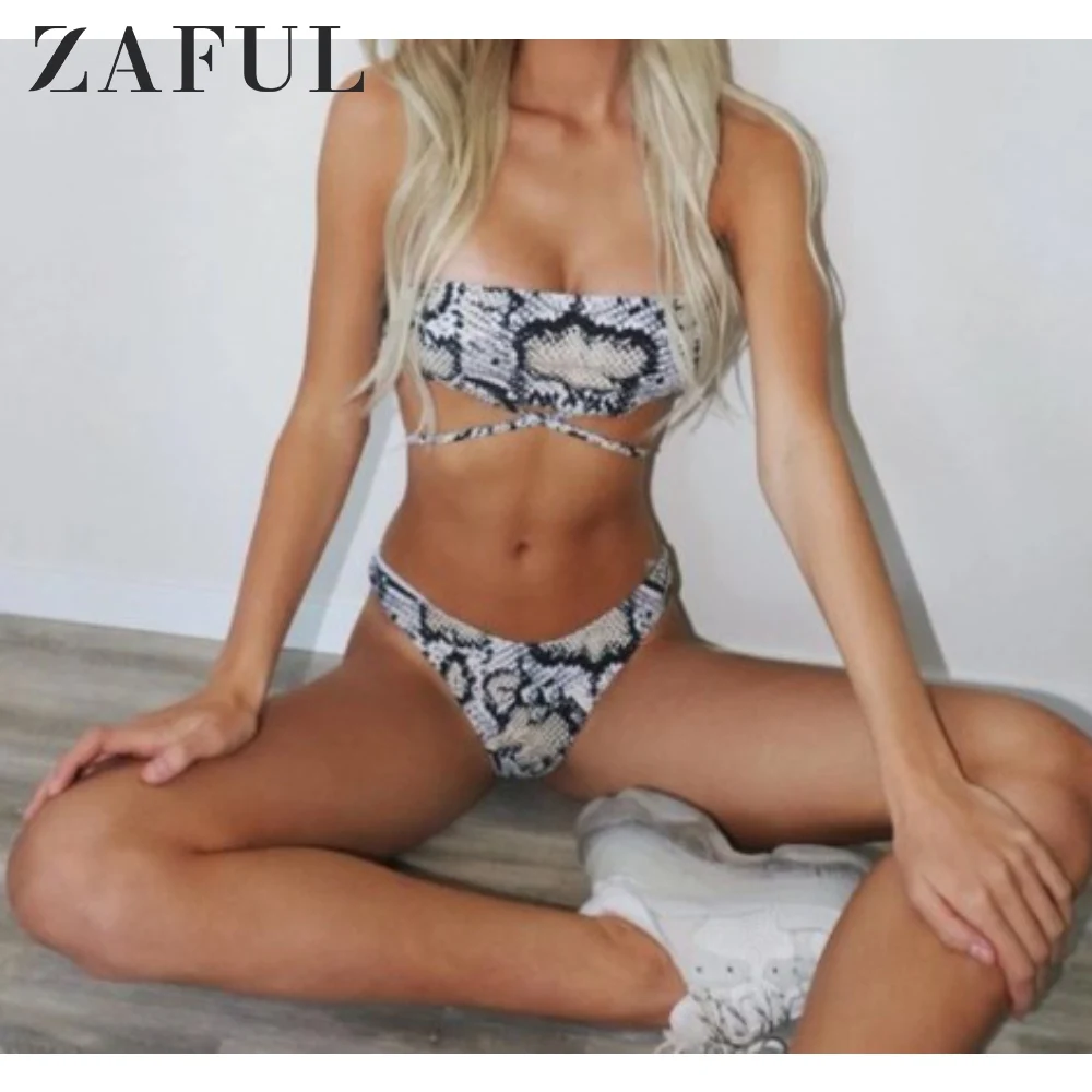 ZAFUL Змеиная Печати Галстук Высокий Вырез Бикини Пуловер Без Рукавов Плавки